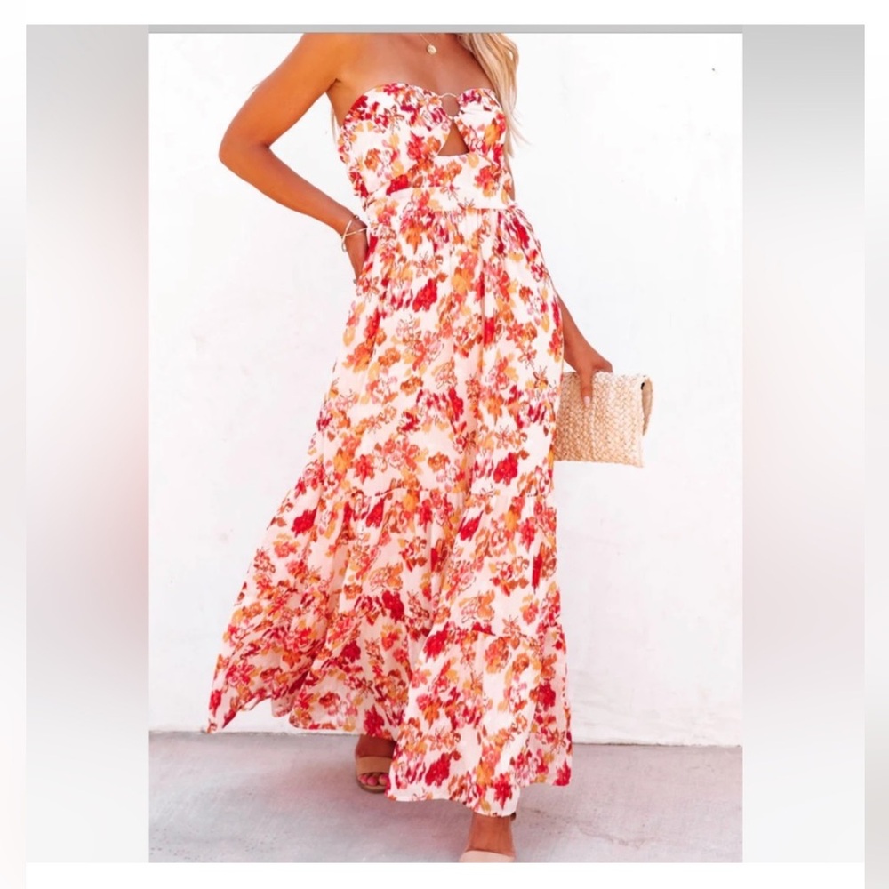 VICI - Strapless Floral GOLDEN TIMES FRONT CUTOUT METALLIC MAXI Dress -NWOT